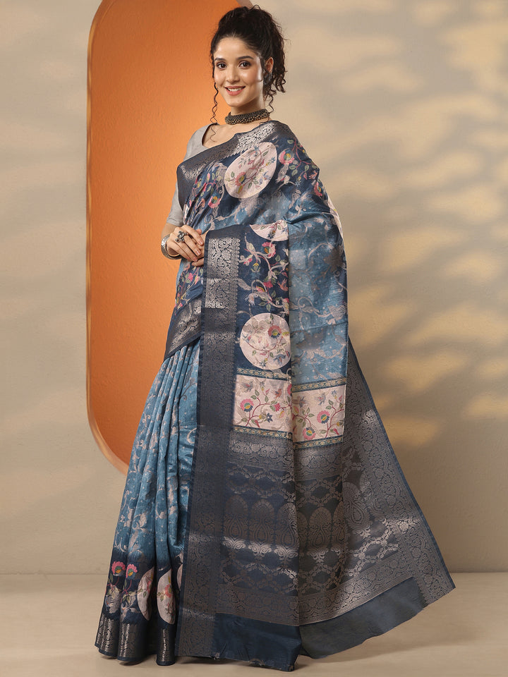 Blue Woven Design Silk Blend Saree With Unstitched Blouse Piece
