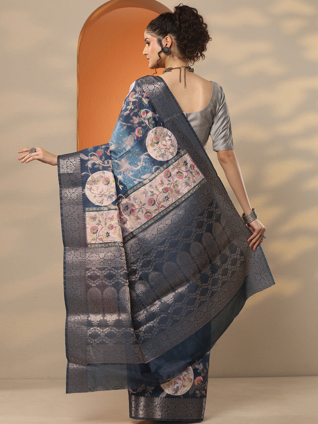 Blue Woven Design Silk Blend Saree With Unstitched Blouse Piece