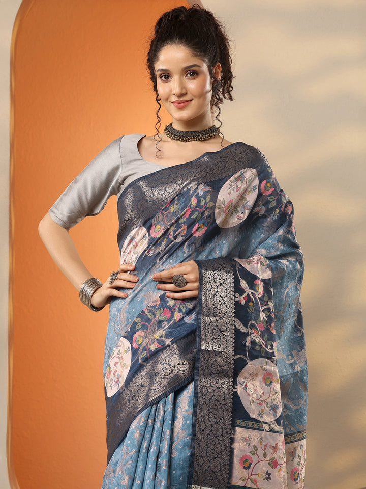 Blue Woven Design Silk Blend Saree With Unstitched Blouse Piece