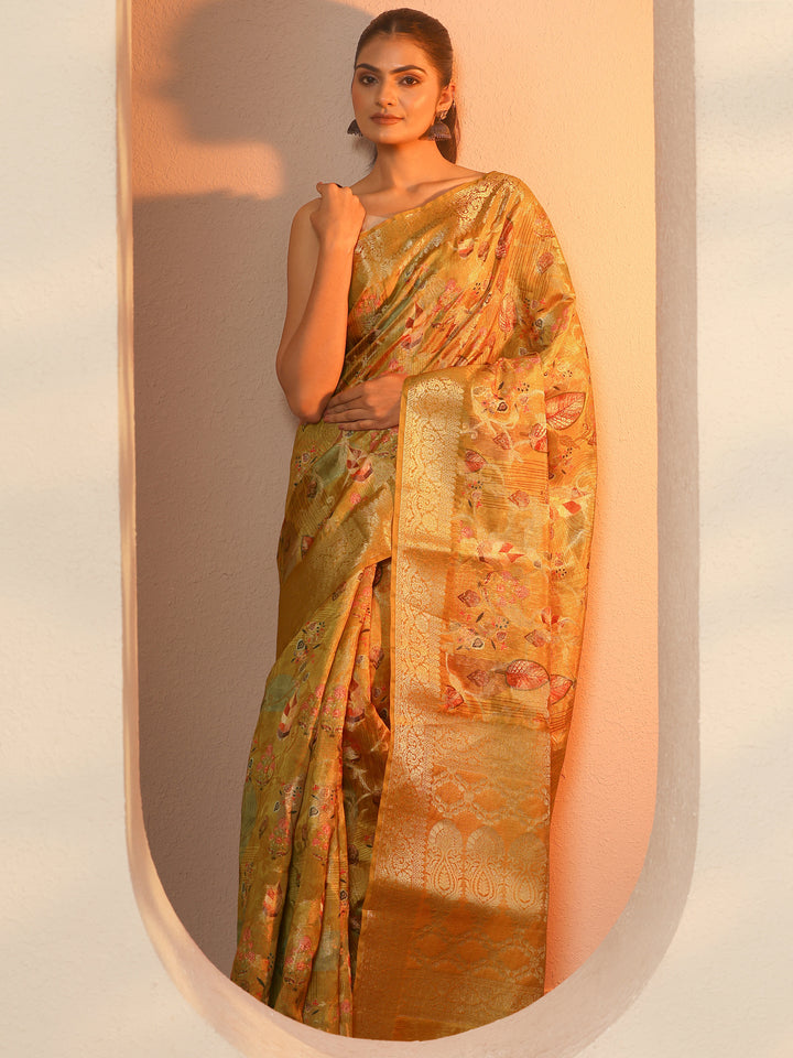 Mustard Printed Silk Blend Saree With Unstitched Blouse Piece