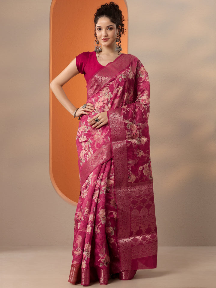 Pink Printed Silk Blend Saree With Unstitched Blouse Piece