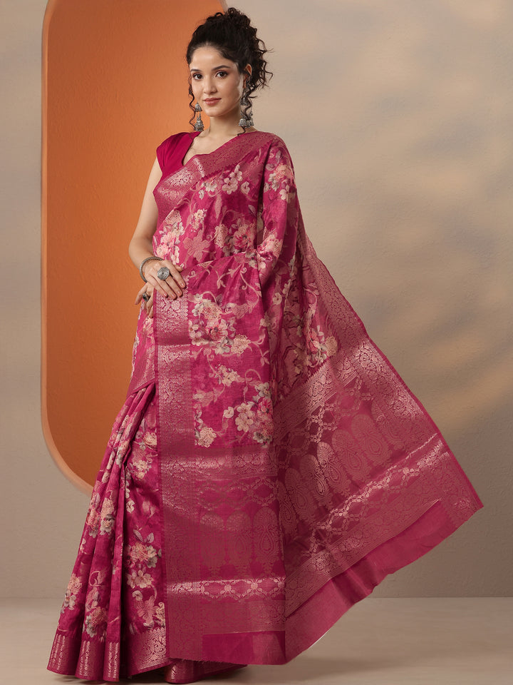 Pink Printed Silk Blend Saree With Unstitched Blouse Piece