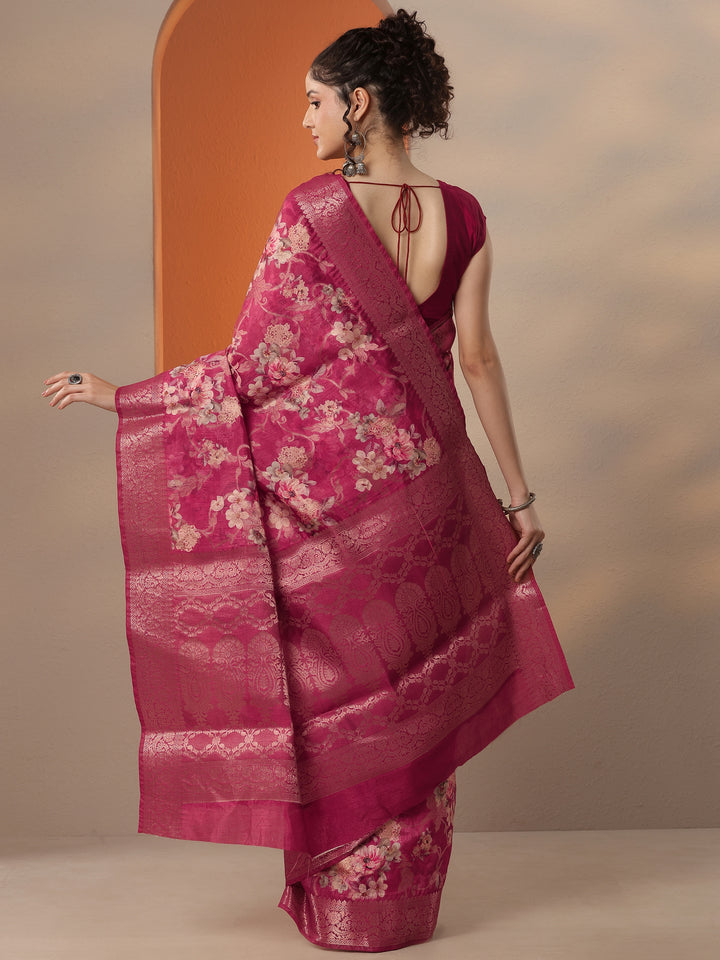 Pink Printed Silk Blend Saree With Unstitched Blouse Piece