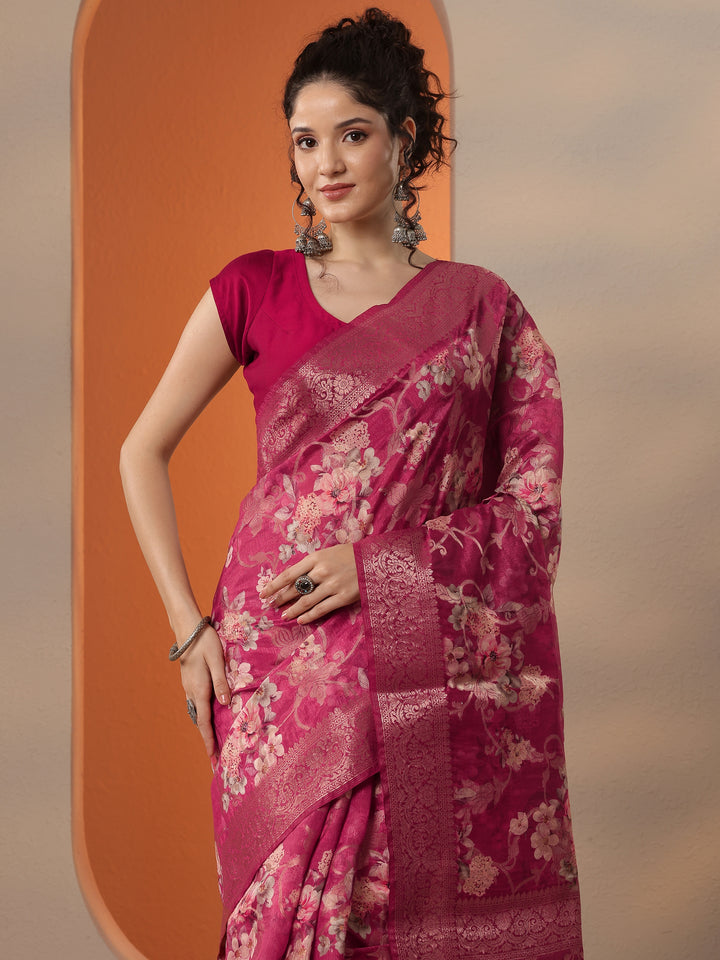 Pink Printed Silk Blend Saree With Unstitched Blouse Piece