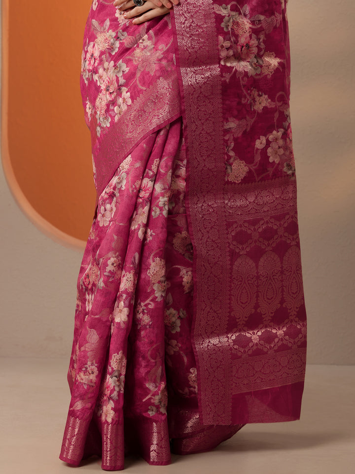 Pink Printed Silk Blend Saree With Unstitched Blouse Piece