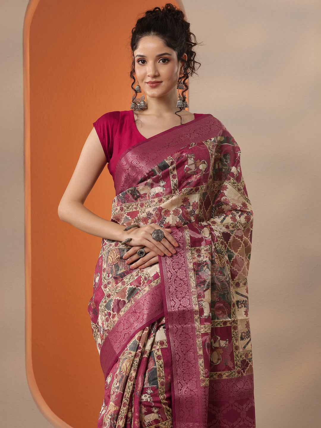 Maroon Printed Silk Blend Saree With Unstitched Blouse Piece