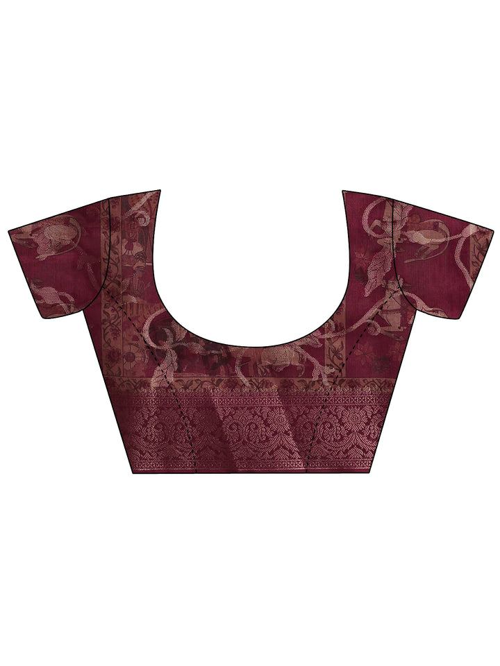 Maroon Printed Silk Blend Saree With Unstitched Blouse Piece