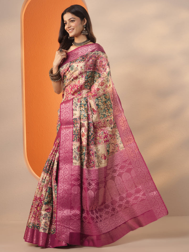 Multi Printed Silk Blend Saree With Unstitched Blouse Piece