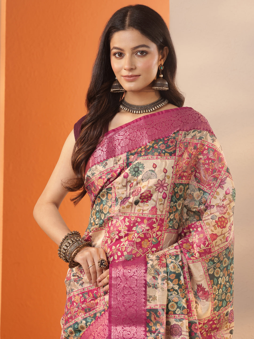 Multi Printed Silk Blend Saree With Unstitched Blouse Piece