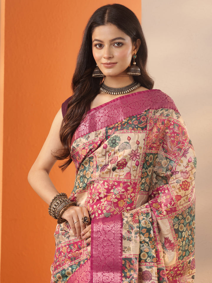 Multi Printed Silk Blend Saree With Unstitched Blouse Piece