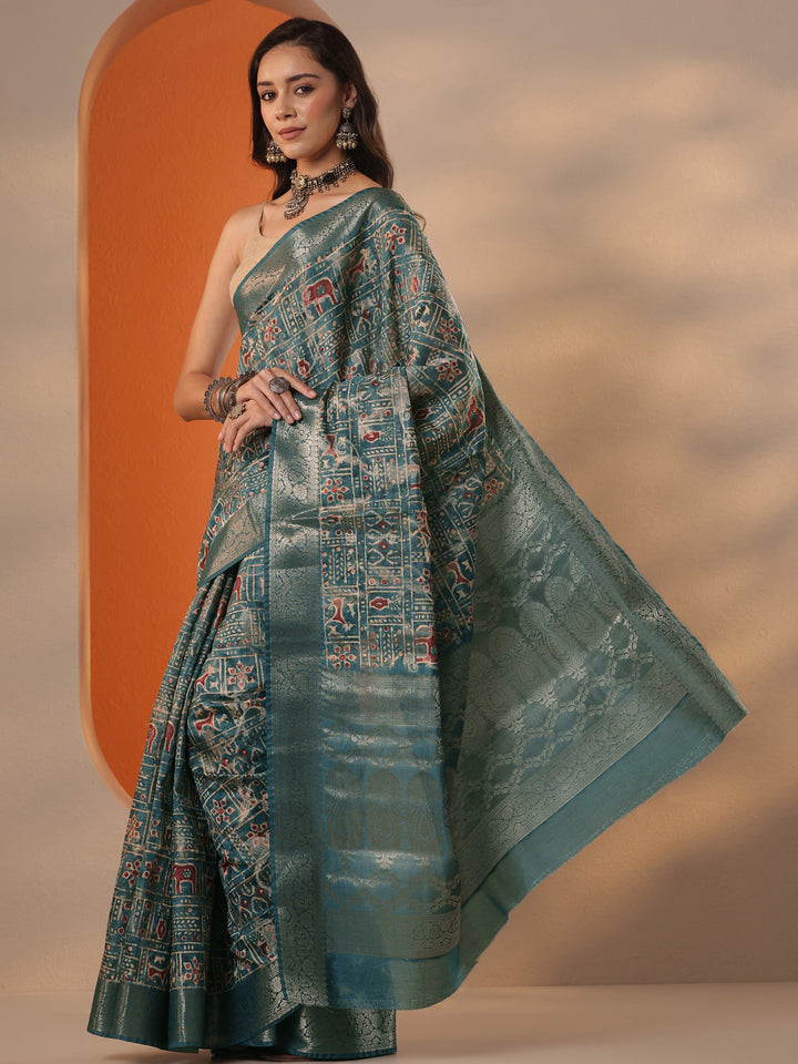 Blue Printed Silk Blend Saree With Unstitched Blouse Piece