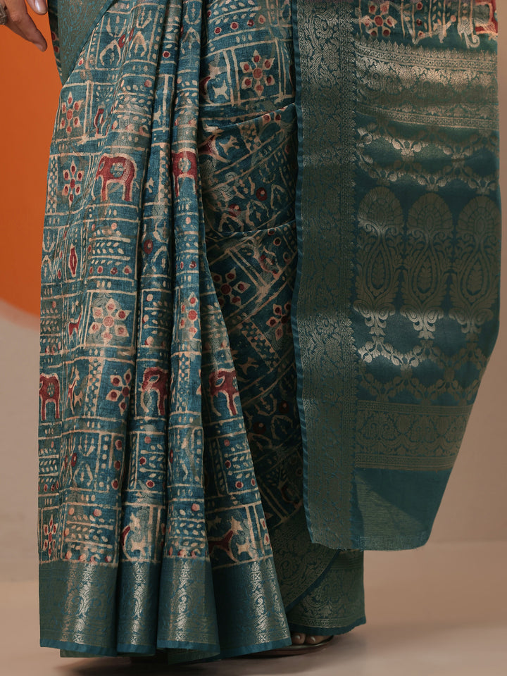 Blue Printed Silk Blend Saree With Unstitched Blouse Piece
