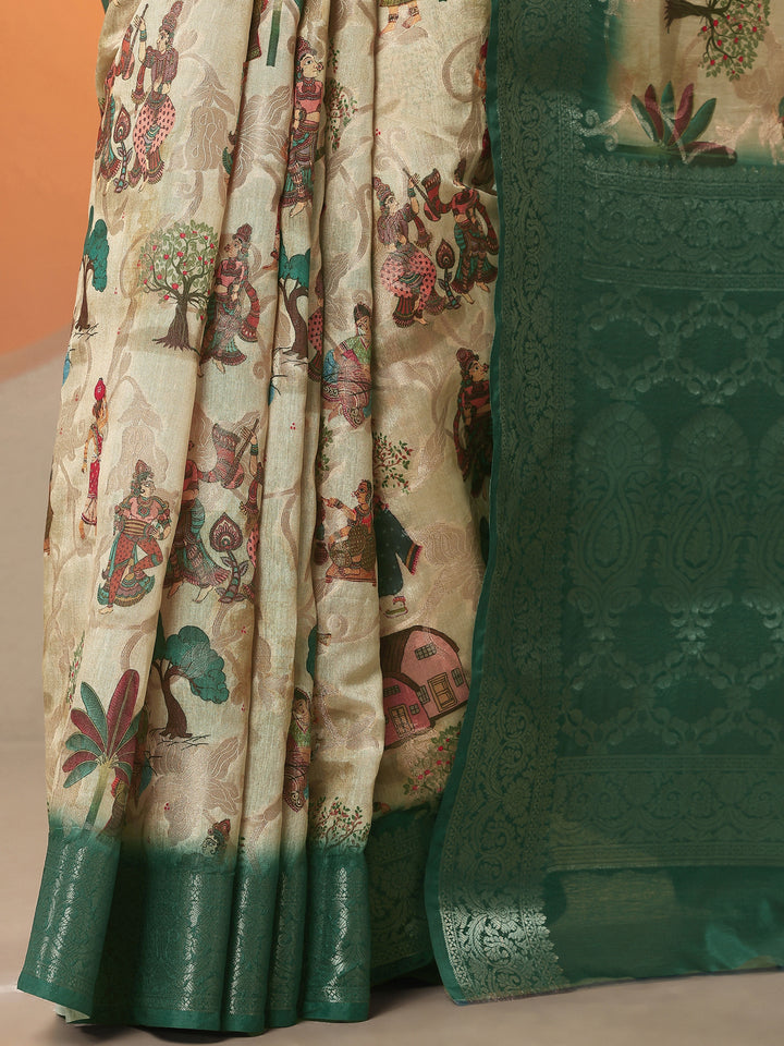 Beige Tribal Printed Silk Blend Saree With Unstitched Blouse Piece