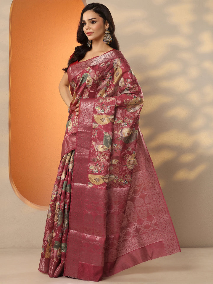 Maroon Printed Silk Blend Saree With Unstitched Blouse Piece