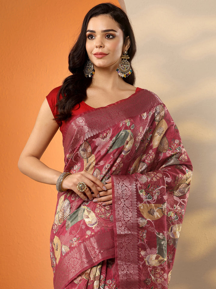 Maroon Printed Silk Blend Saree With Unstitched Blouse Piece
