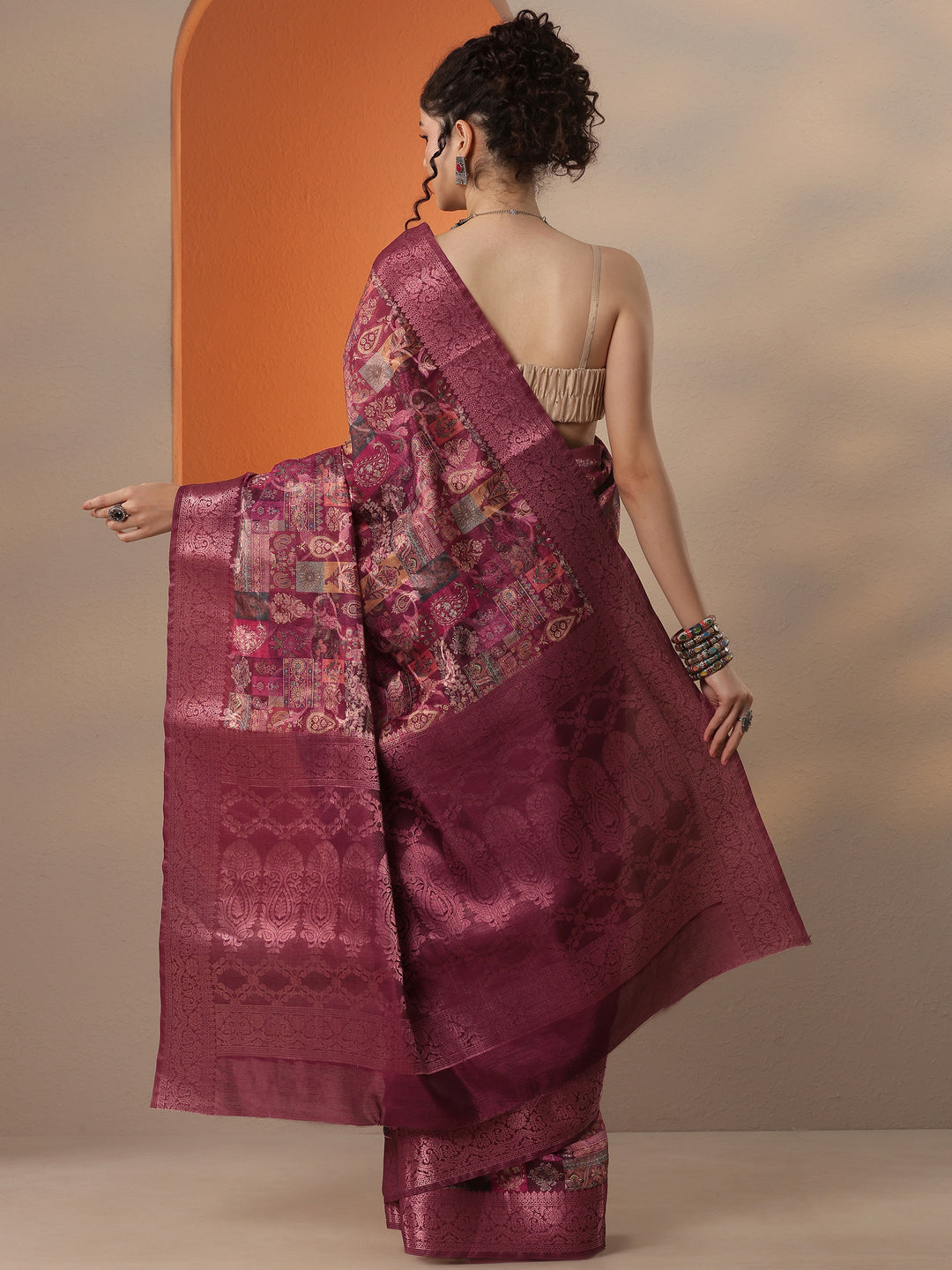 Burgundy Printed Silk Blend Saree With Unstitched Blouse Piece