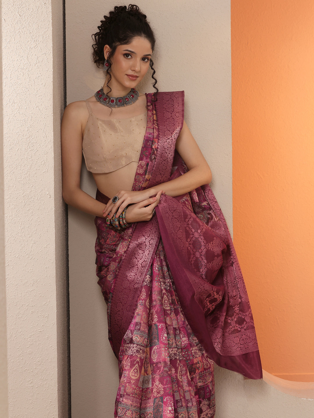 Burgundy Printed Silk Blend Saree With Unstitched Blouse Piece
