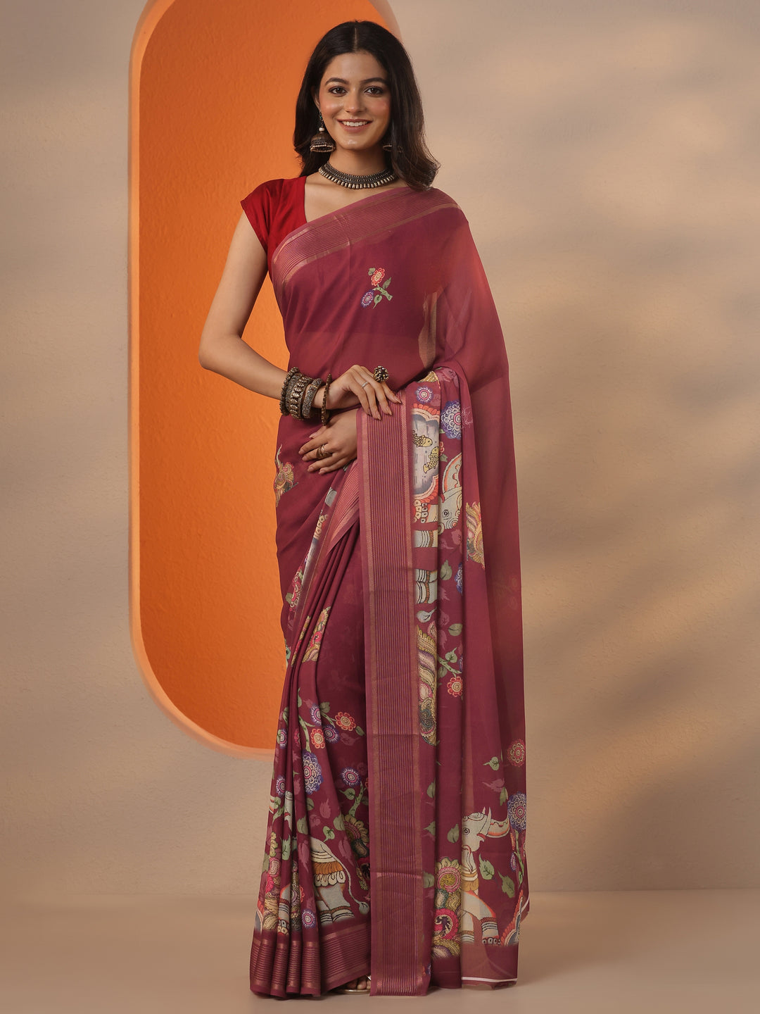 Brown Printed Georgette Saree With Unstitched Blouse Piece