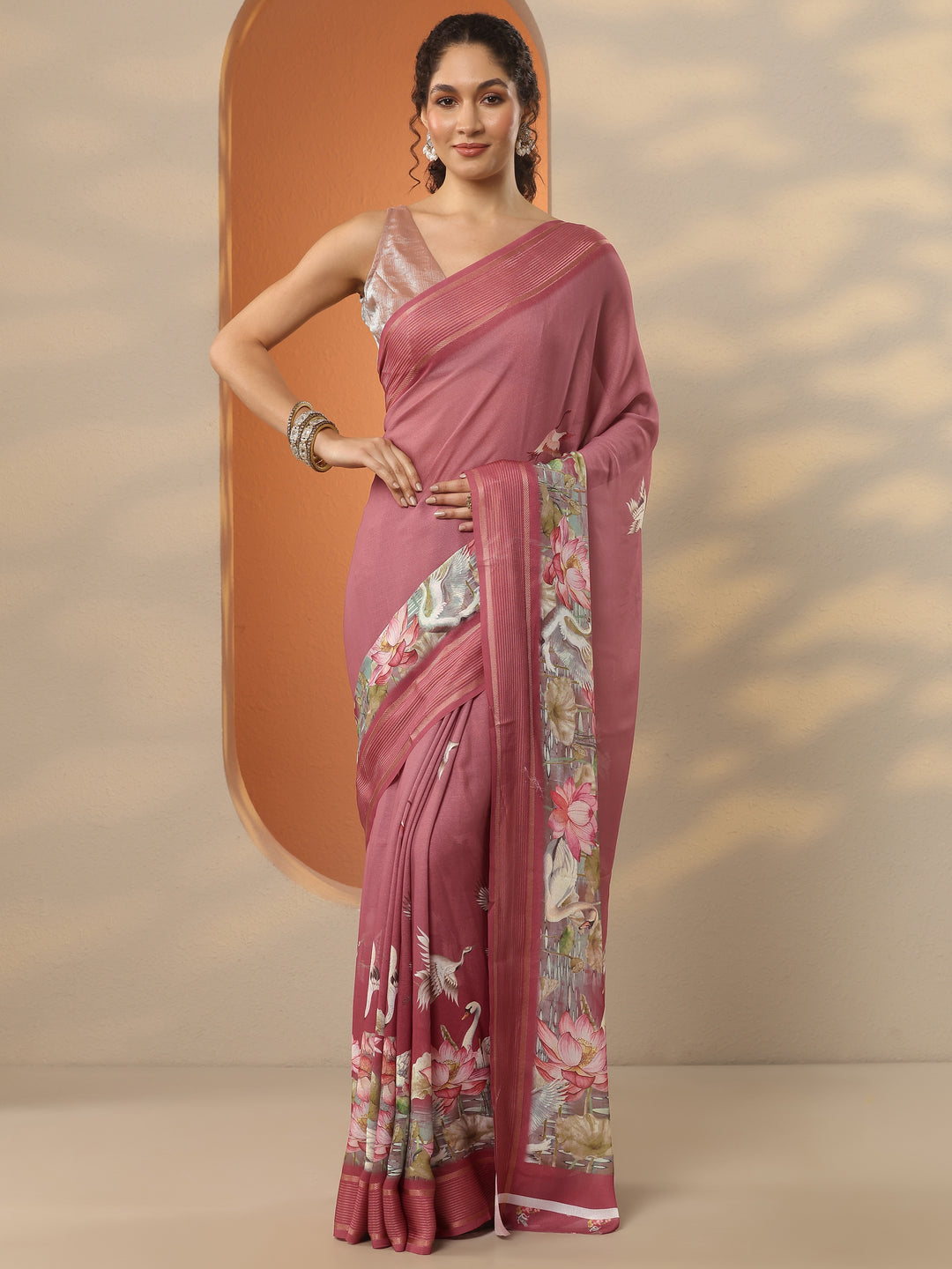 Mauve Printed Pure Georgette Saree With Unstitched Blouse Piece