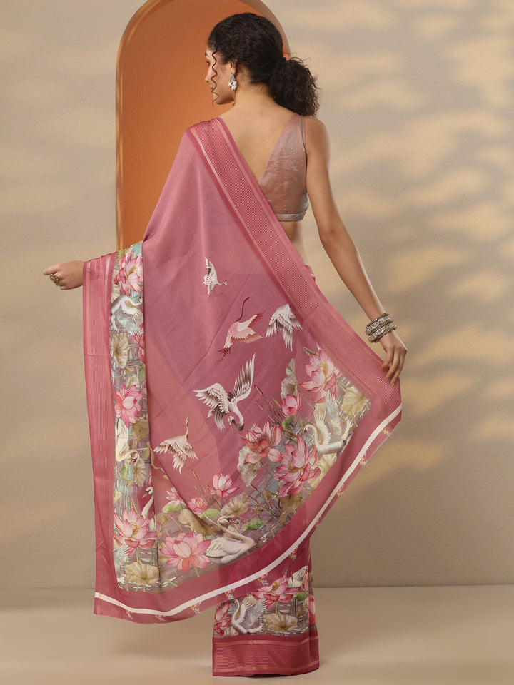 Mauve Printed Pure Georgette Saree With Unstitched Blouse Piece