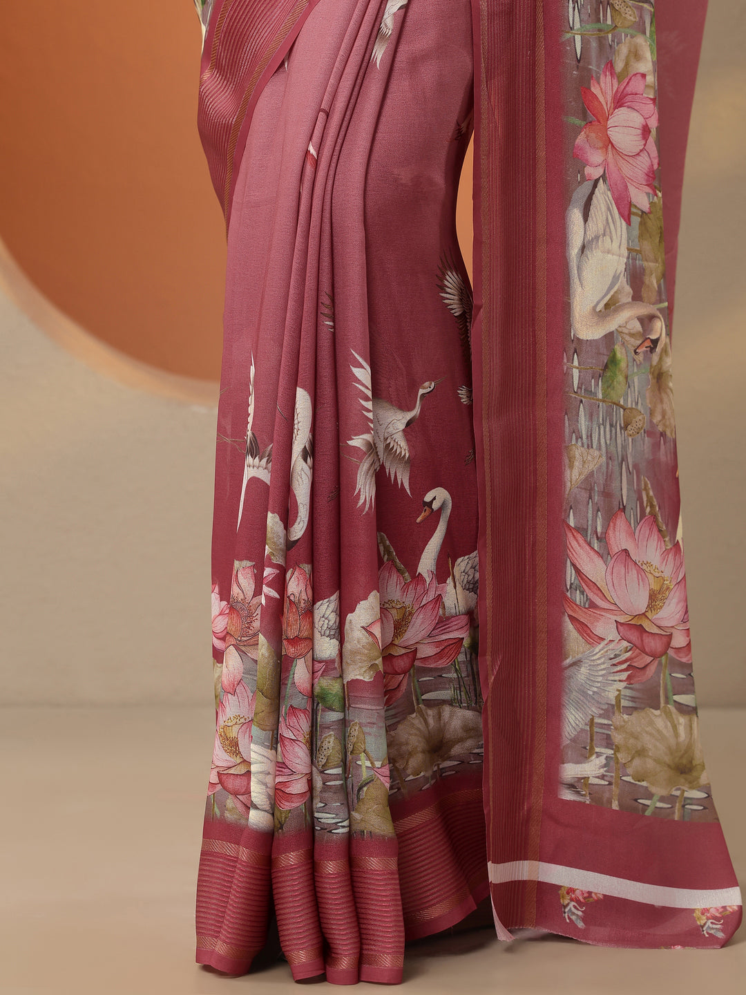 Mauve Printed Pure Georgette Saree With Unstitched Blouse Piece