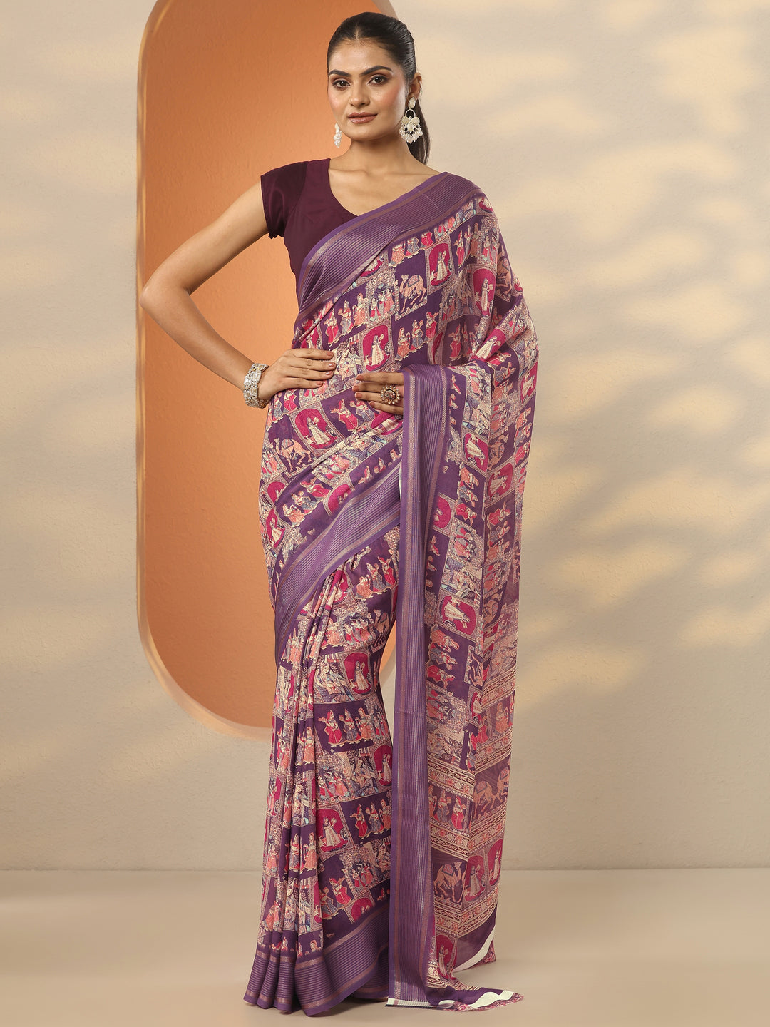 Purple Printed Pure Georgette Saree With Unstitched Blouse Piece
