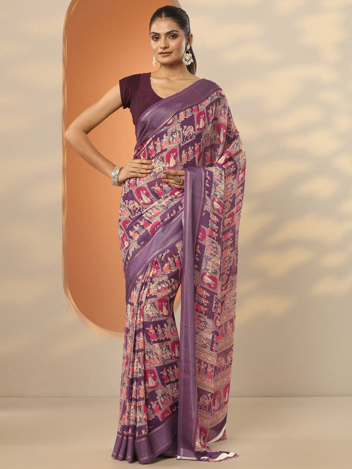 Purple Printed Pure Georgette Saree With Unstitched Blouse Piece