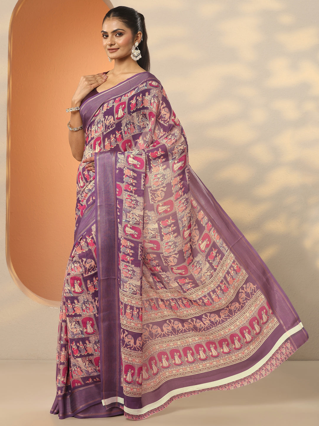 Purple Printed Pure Georgette Saree With Unstitched Blouse Piece