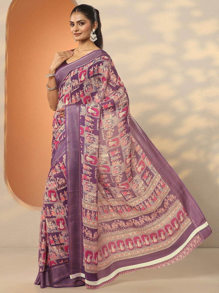 Purple Printed Pure Georgette Saree With Unstitched Blouse Piece