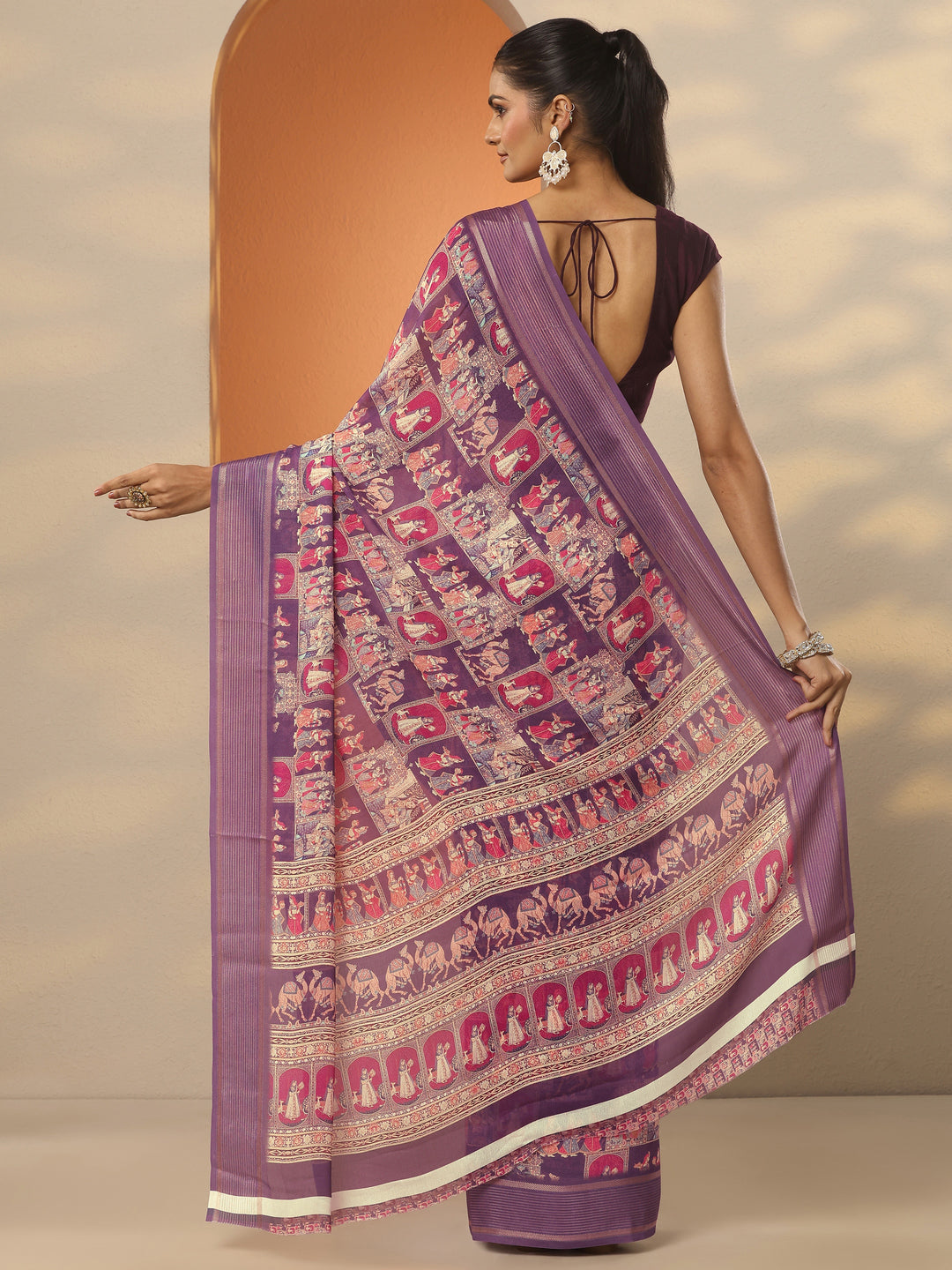 Purple Printed Pure Georgette Saree With Unstitched Blouse Piece