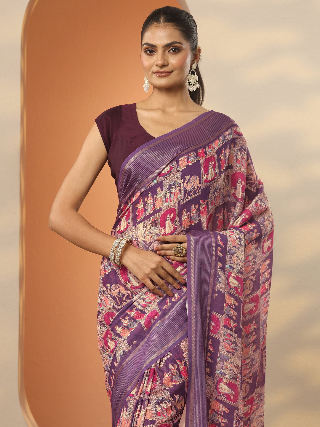Purple Printed Pure Georgette Saree With Unstitched Blouse Piece