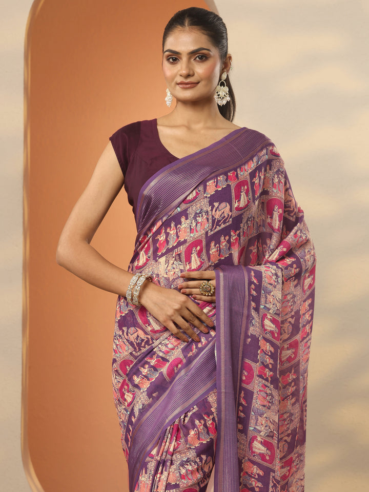 Purple Printed Pure Georgette Saree With Unstitched Blouse Piece