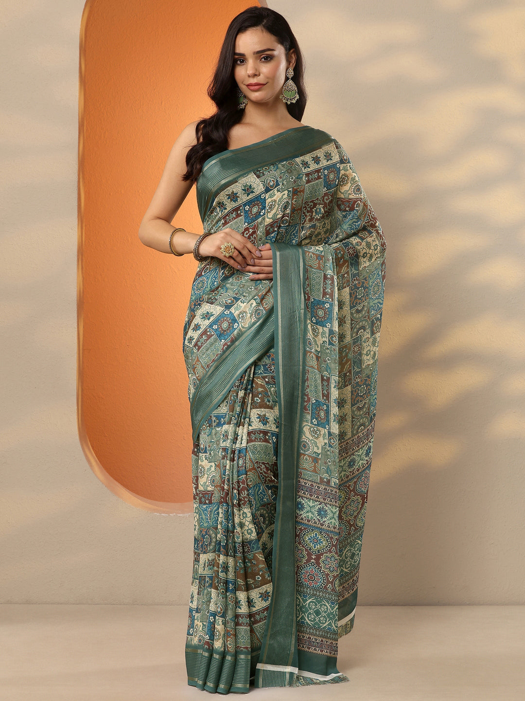 Blue Printed Pure Georgette Saree With Unstitched Blouse Piece