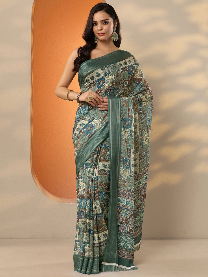 Blue Printed Pure Georgette Saree With Unstitched Blouse Piece