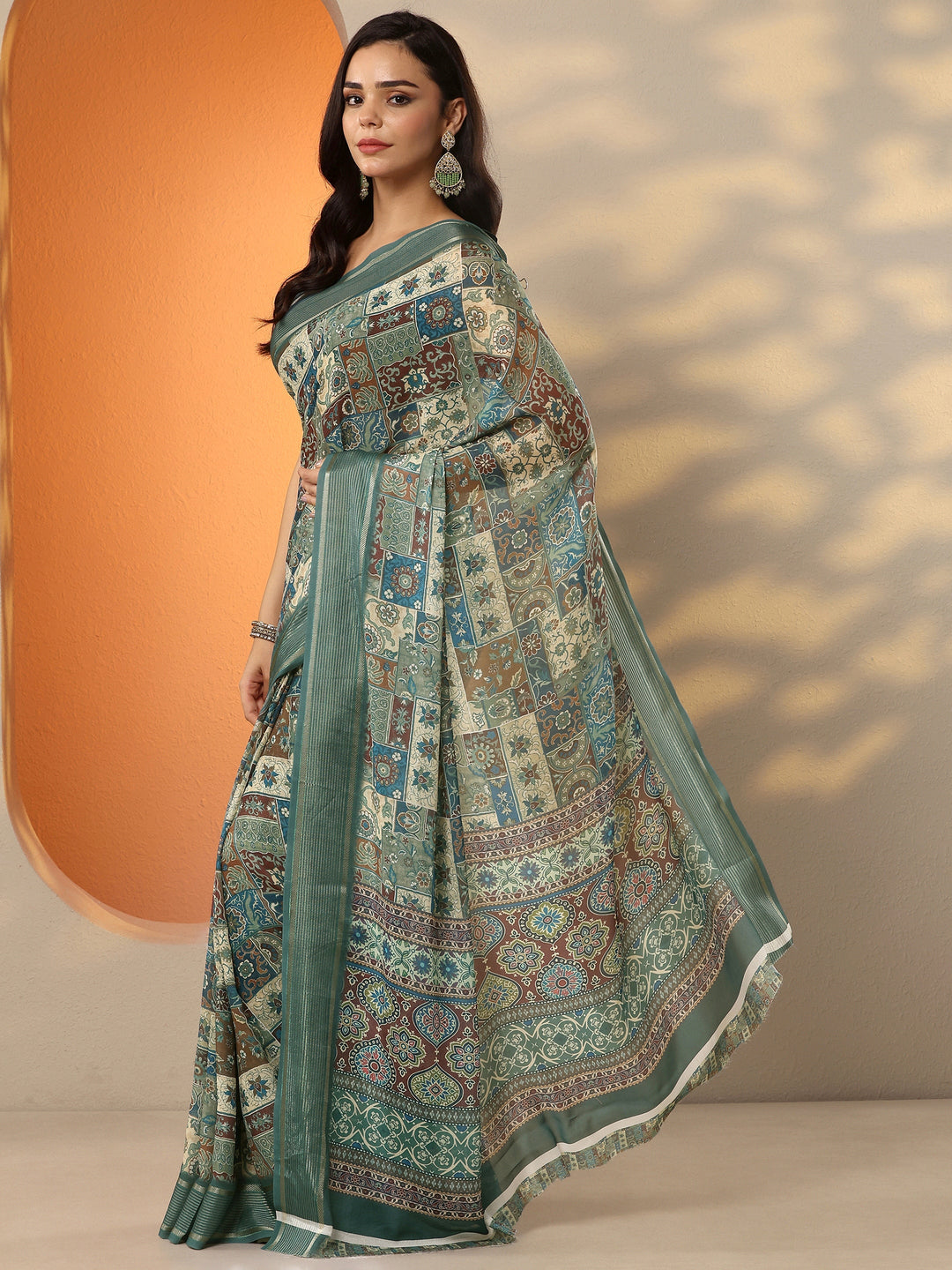 Blue Printed Pure Georgette Saree With Unstitched Blouse Piece