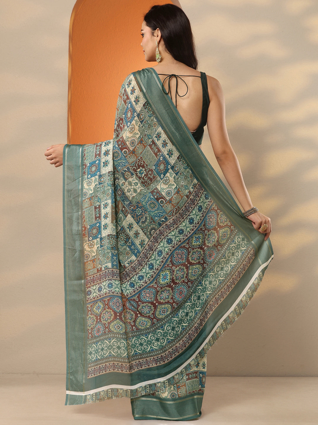 Blue Printed Pure Georgette Saree With Unstitched Blouse Piece