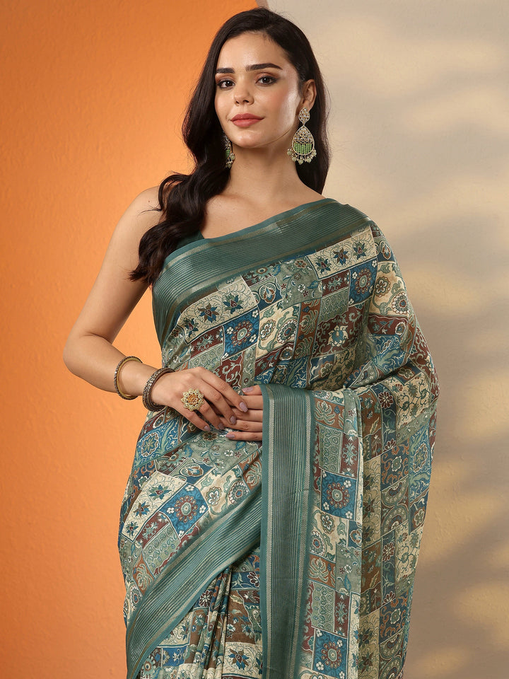 Blue Printed Pure Georgette Saree With Unstitched Blouse Piece