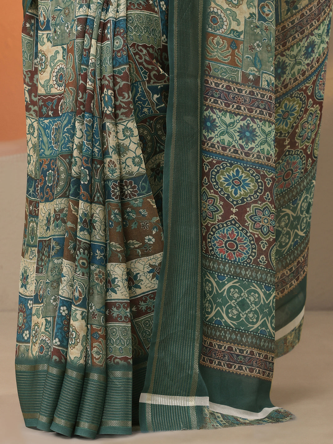 Blue Printed Pure Georgette Saree With Unstitched Blouse Piece
