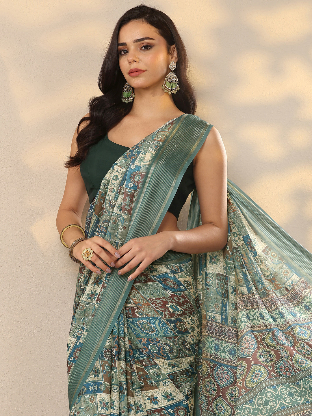 Blue Printed Pure Georgette Saree With Unstitched Blouse Piece
