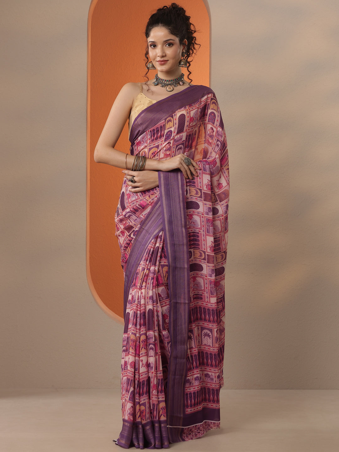 Coral Tribal Printed Georgette Saree With Unstitched Blouse Piece