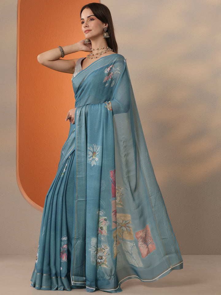 Blue Printed Georgette Saree With Unstitched Blouse Piece