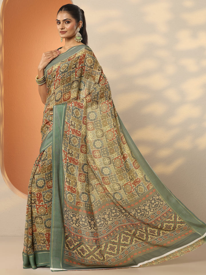 Green Printed Pure Georgette Saree With Unstitched Blouse Piece