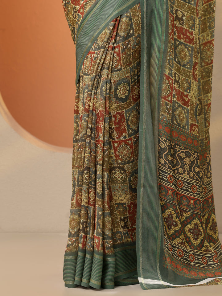 Green Printed Pure Georgette Saree With Unstitched Blouse Piece
