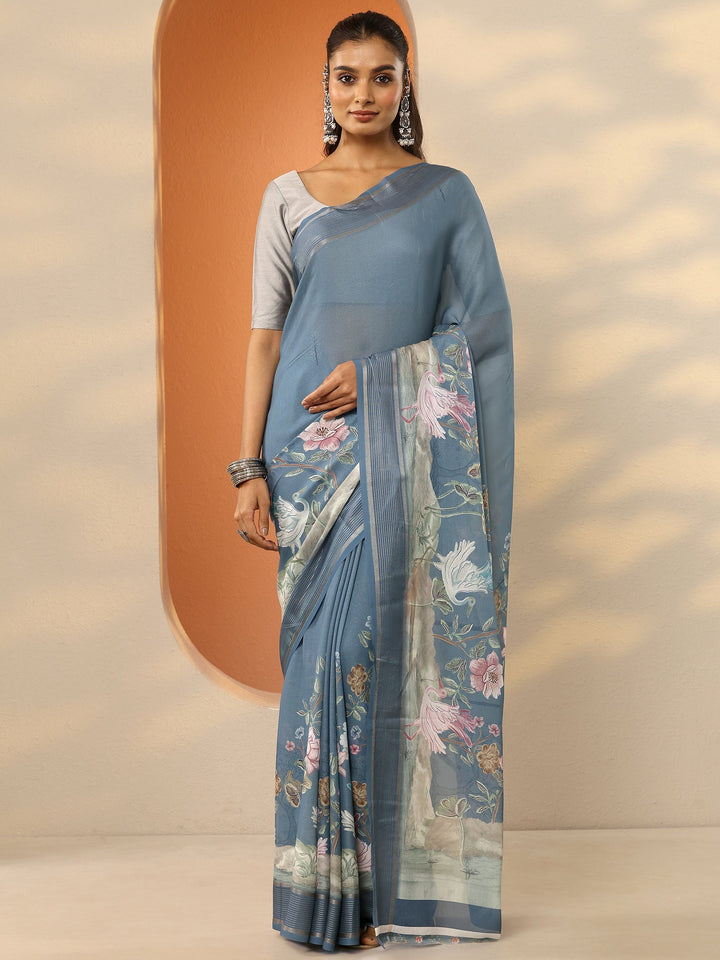 Grey Printed Pure Georgette Saree With Unstitched Blouse Piece