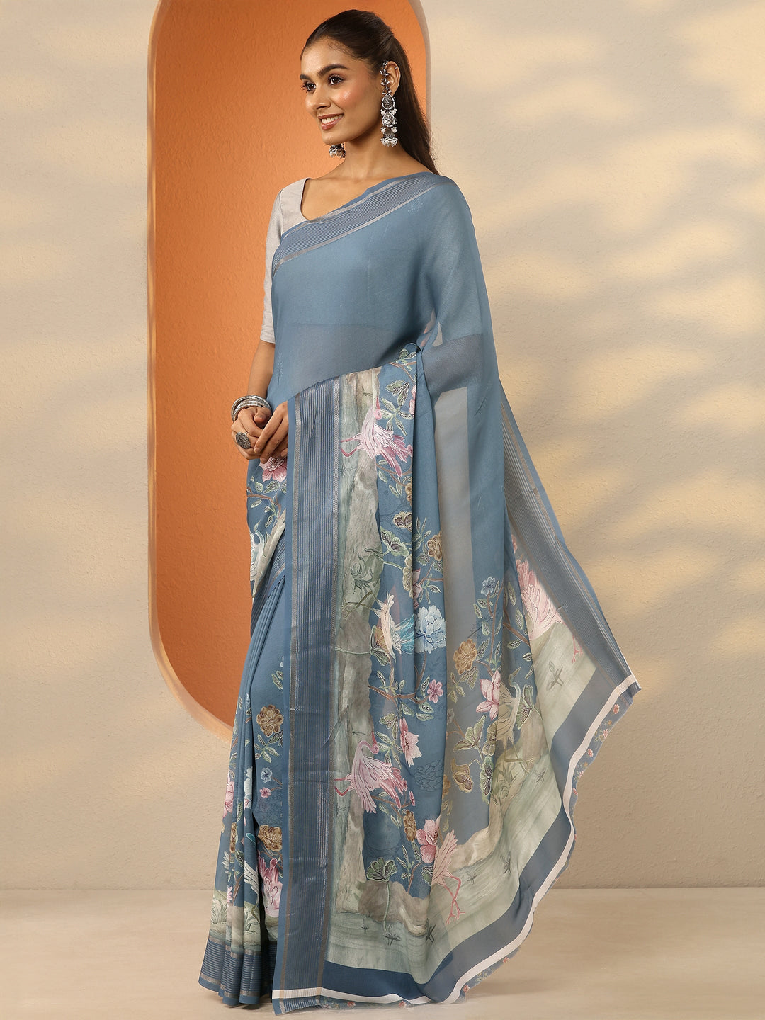 Grey Printed Pure Georgette Saree With Unstitched Blouse Piece