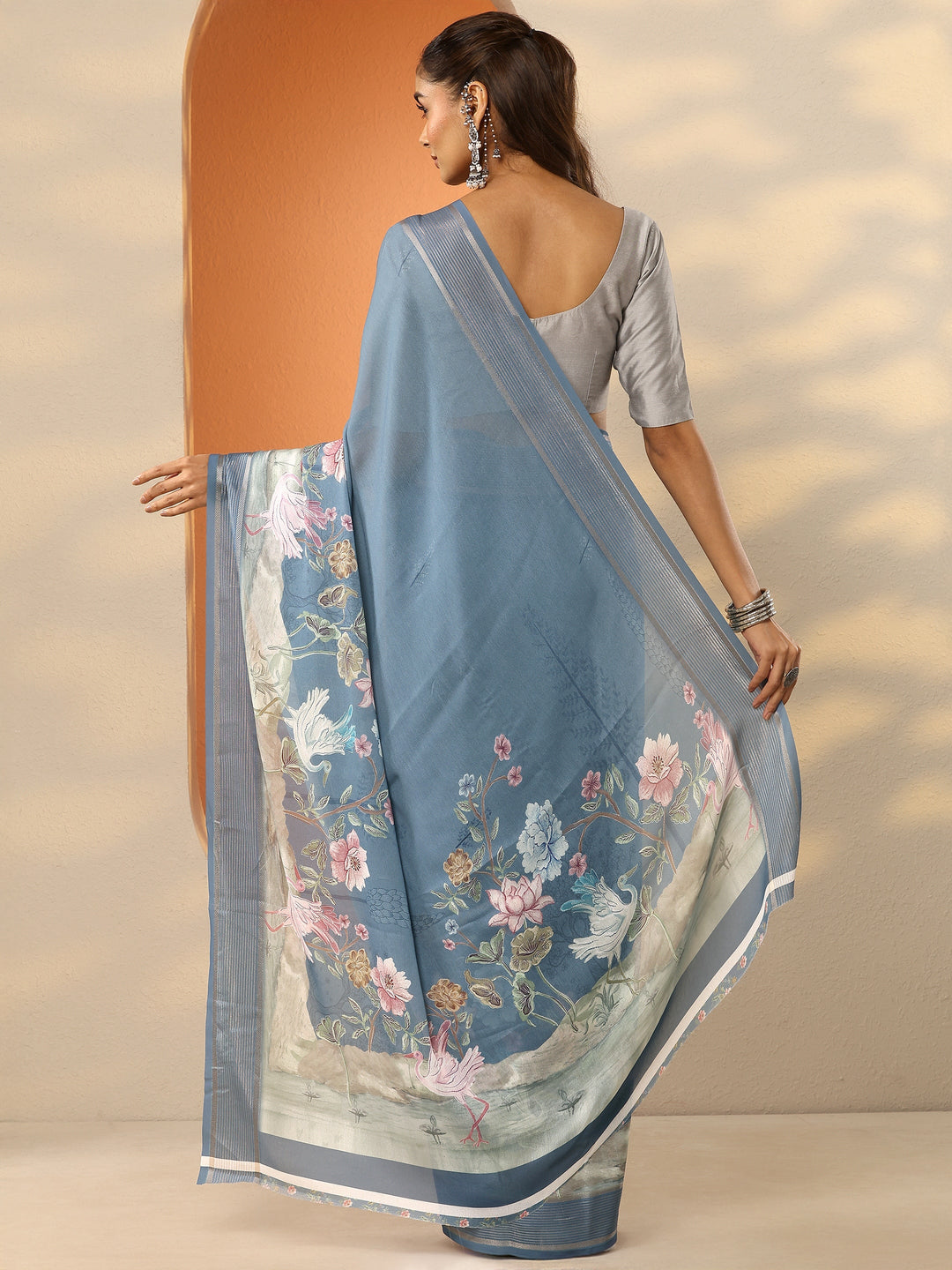 Grey Printed Pure Georgette Saree With Unstitched Blouse Piece