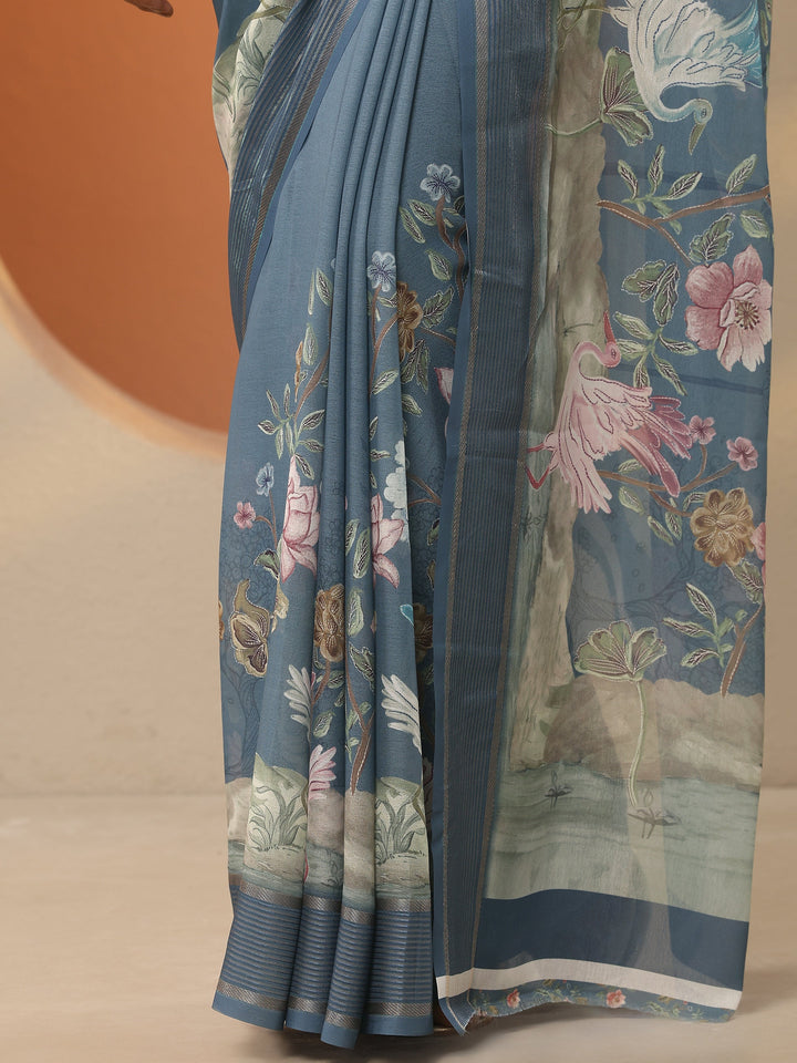 Grey Printed Pure Georgette Saree With Unstitched Blouse Piece