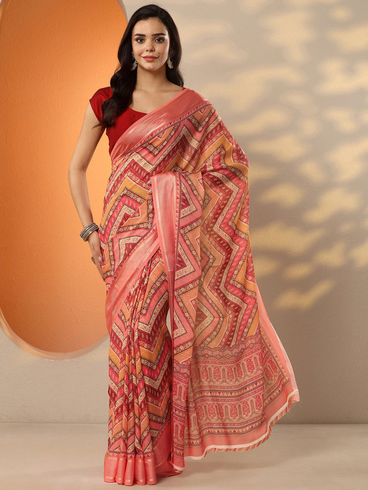 Coral Printed Pure Georgette Saree With Unstitched Blouse Piece