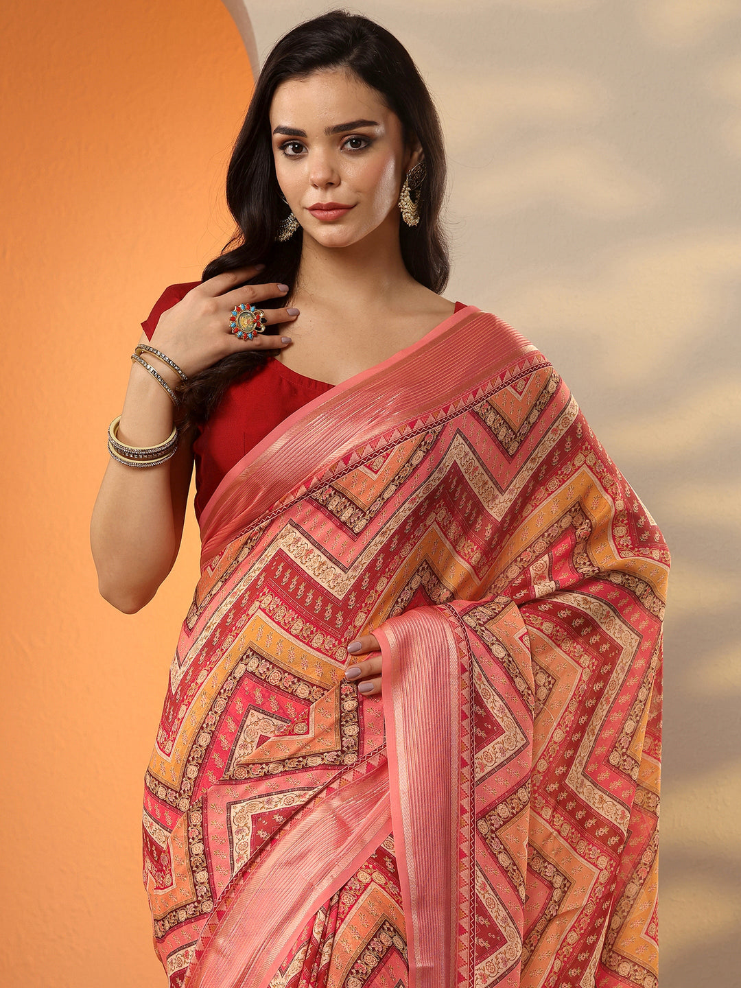 Coral Printed Pure Georgette Saree With Unstitched Blouse Piece