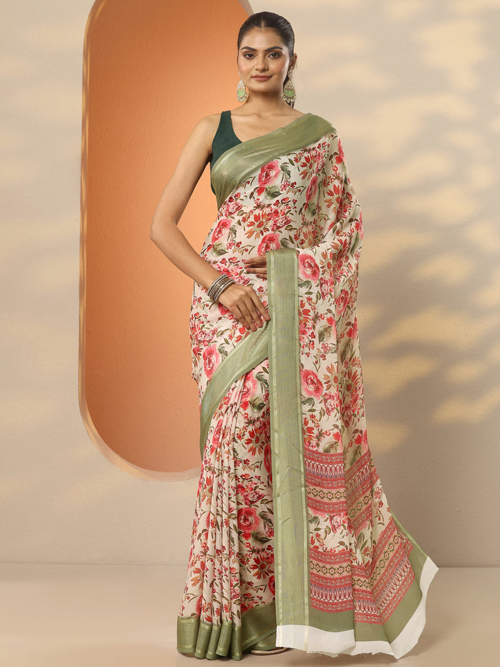 Cream Printed Pure Georgette Saree With Unstitched Blouse Piece